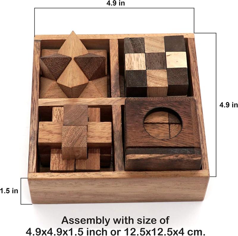 Wooden Puzzle Box Set (4 Games) - Challenging Brain Teasers 3D Puzzles for Adults, Interlocking Games for IQ Test. Ideal for Rustic Patio Decor, Unique Gift for Christmas and Birthdays