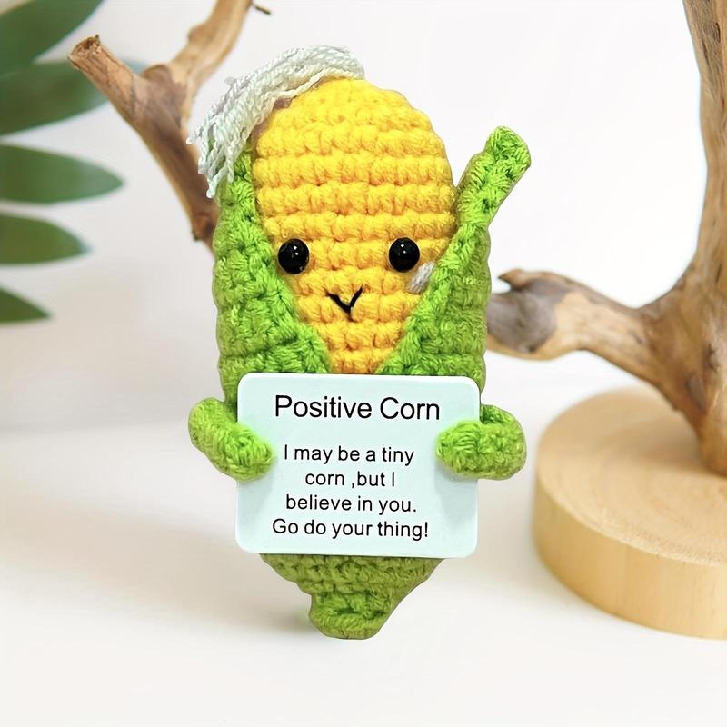 Cute Cartoon Corn & Pickle Design Crochet Doll, 2 Counts Handmade Emotional Relief Knitting Doll with Positive Card, Home Decor for School Office Dormitory