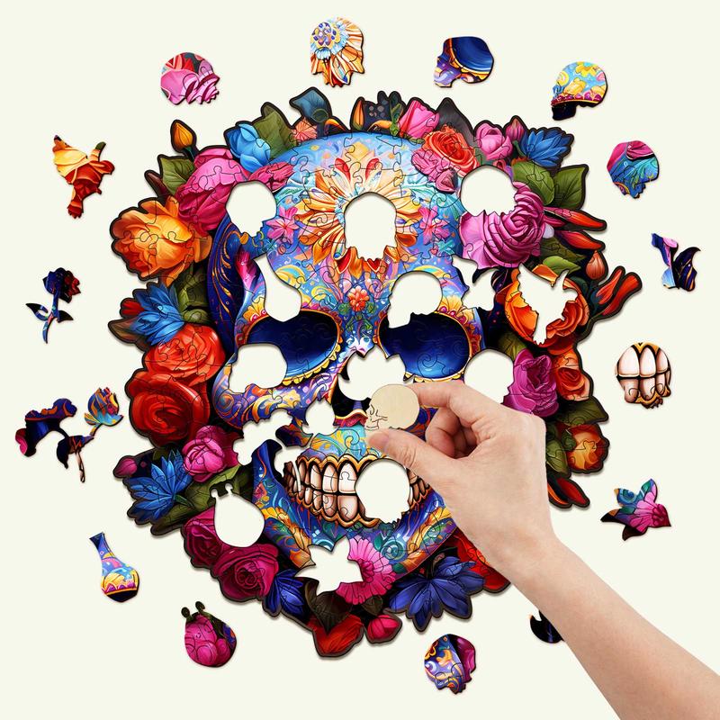 Flowers and Skulls Wooden Jigsaw Puzzle - Perfect for Family Fun and Games