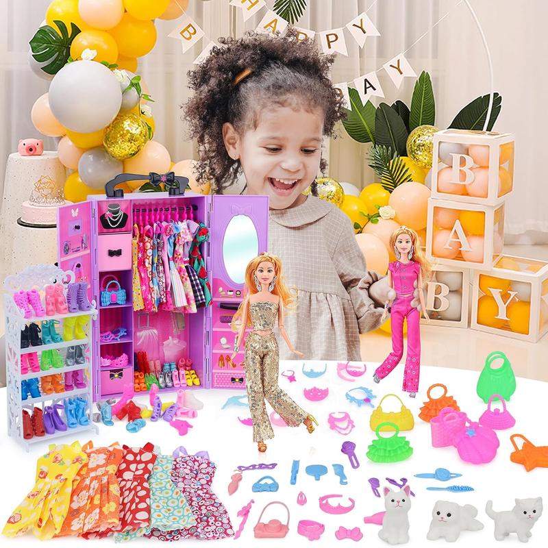 Christmas gift 86 Pcs Doll Accessories with Doll Closet Wardrobe for 11.5 Inch Doll Dress Up Set Wardrobe Handbags Dress Shoes Hangers Necklace Pet