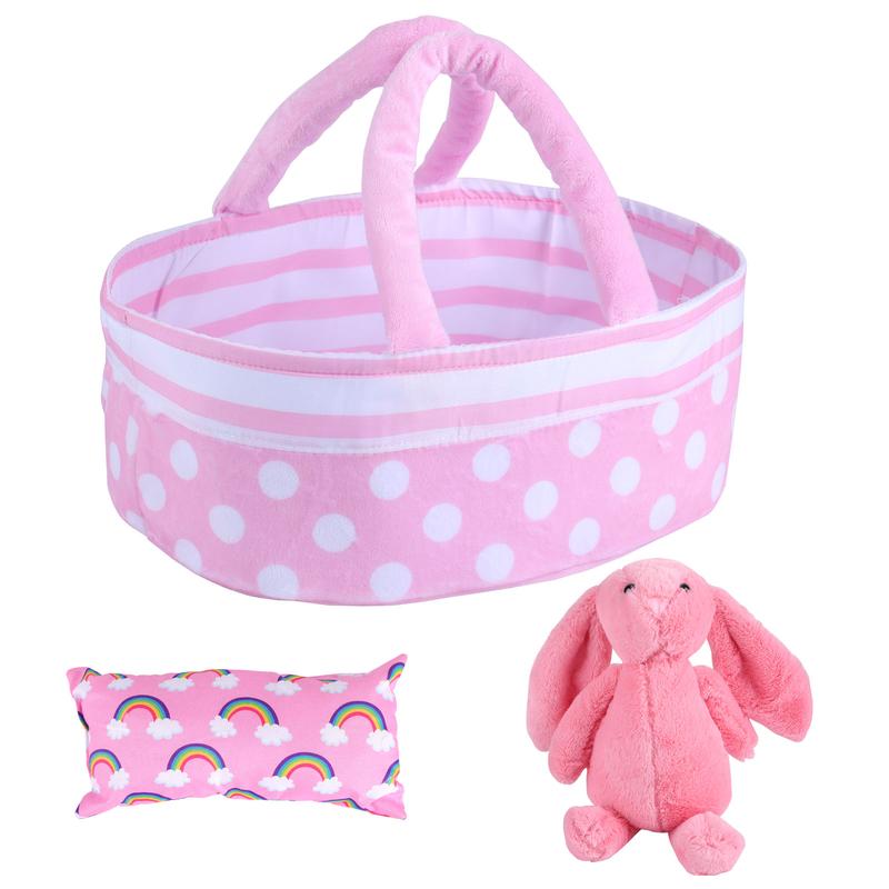 BABESIDE Reborn Baby Doll Bassinet with Handle Foldable Baby Doll Crib Bed Soft Doll Carrier Doll Accessories with Pillow for 10-12 inch Baby Dolls Girls (Pink)