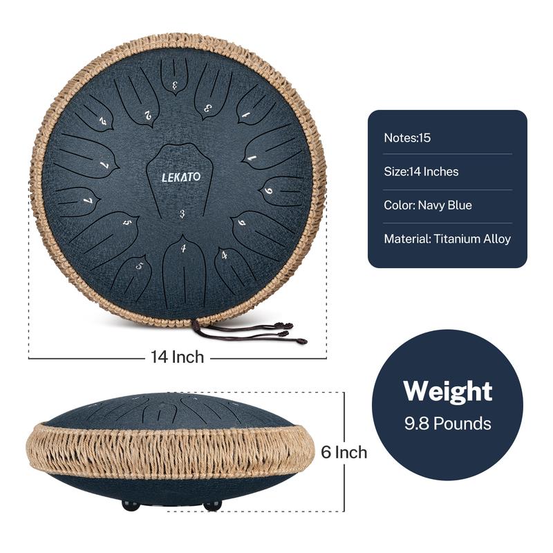 LEKATO Steel Tongue Drum 14 Inch 15 Notes Steel Drum C Key Beginner Professional Handpan Drum Percussion for Meditation Yoga Musical Education, Best Gift for Familes Friends