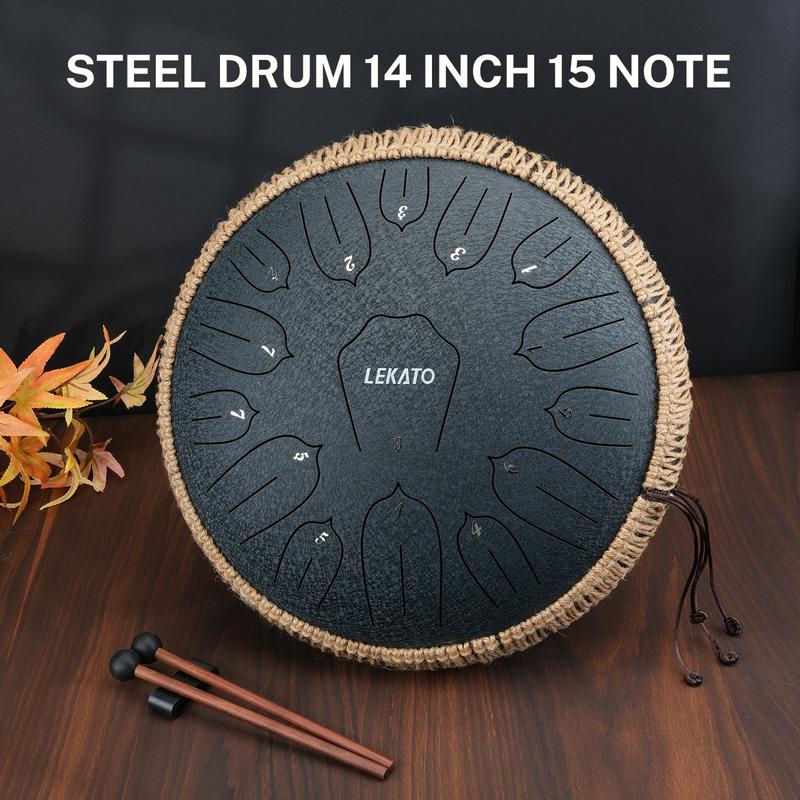 LEKATO Steel Tongue Drum 14 Inch 15 Notes Steel Drum C Key Beginner Professional Handpan Drum Percussion for Meditation Yoga Musical Education, Best Gift for Familes Friends