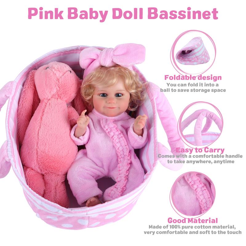 BABESIDE Reborn Baby Doll Bassinet with Handle Foldable Baby Doll Crib Bed Soft Doll Carrier Doll Accessories with Pillow for 10-12 inch Baby Dolls Girls (Pink)