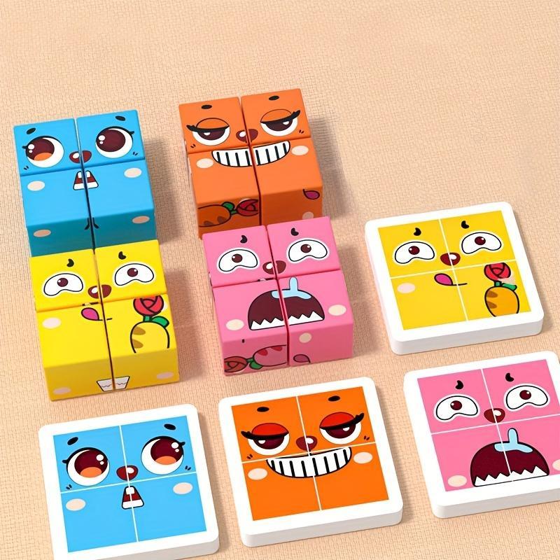 Children's Funny Face-changing Magic Cube Building Blocks, Kids' Wooden Four-Person Battle Toy, Parent-child Thinking Educational Toys, Expression Building Blocks Puzzle Toys