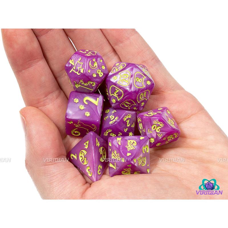 Purple Kitty | Pearled Light Purple, Lime Green, Cat Themed | Acrylic Dice Set (7)