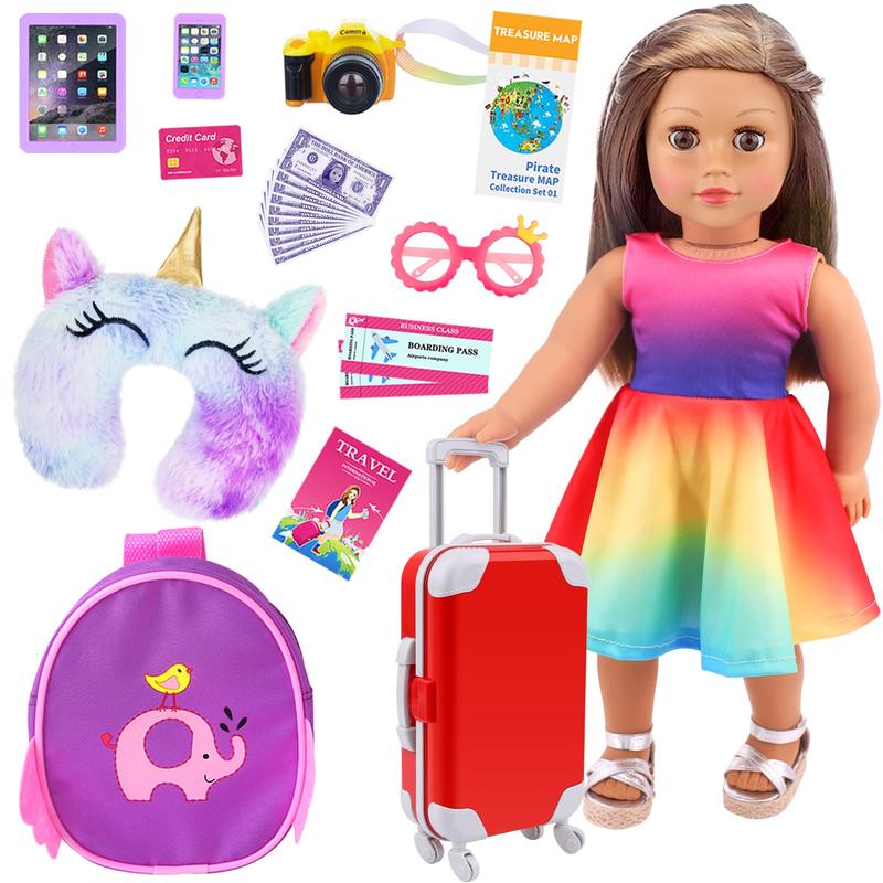 23 PCS 18 Inch Girl Doll Accessories Suitcase Travel Set Including Clothes Suitcase Backpack Camera Pad Cell Phone Neck Pillow Pink Glasses and Other Travel Set（No Doll）