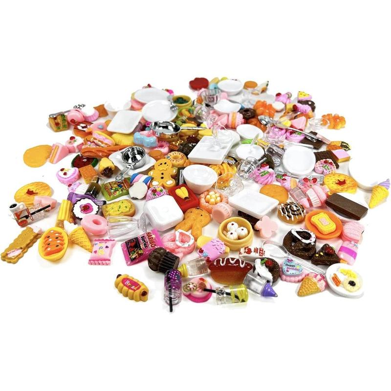 200pcs Miniature Landscape Food Drinks Bottle Mini Toys Doll House Kitchen Play Resin Dollhouse Accessories for Adults Teenagers Cooking Game Hamburger Ice Cream Cake Bread Tableware Party