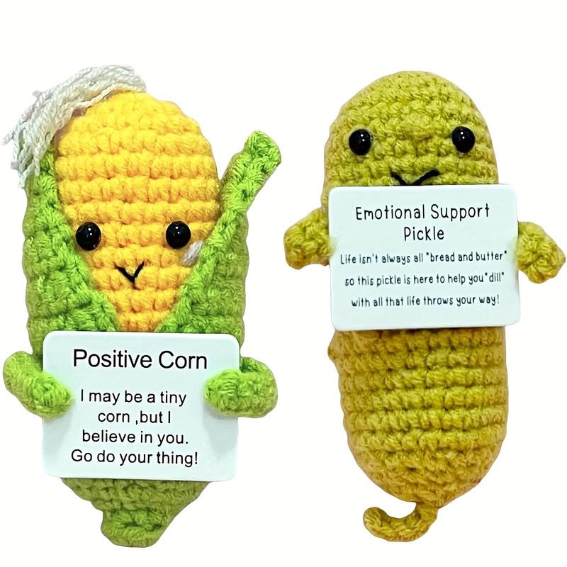 Cute Cartoon Corn & Pickle Design Crochet Doll, 2 Counts Handmade Emotional Relief Knitting Doll with Positive Card, Home Decor for School Office Dormitory