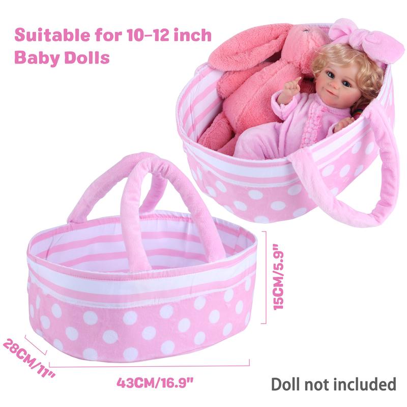 BABESIDE Reborn Baby Doll Bassinet with Handle Foldable Baby Doll Crib Bed Soft Doll Carrier Doll Accessories with Pillow for 10-12 inch Baby Dolls Girls (Pink)