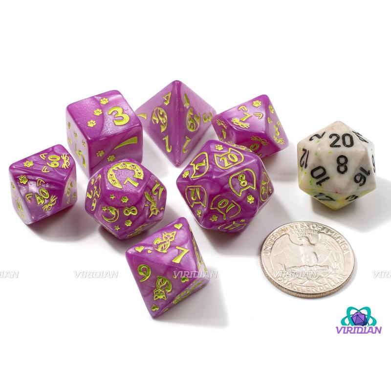 Purple Kitty | Pearled Light Purple, Lime Green, Cat Themed | Acrylic Dice Set (7)