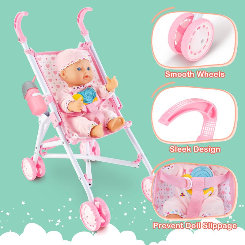 deAO Doll Stroller Set with 13 inch Doll,Play Stroller Toys,13