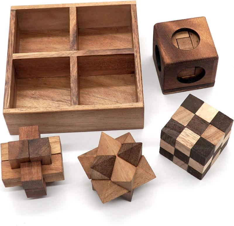 Wooden Puzzle Box Set (4 Games) - Challenging Brain Teasers 3D Puzzles for Adults, Interlocking Games for IQ Test. Ideal for Rustic Patio Decor, Unique Gift for Christmas and Birthdays