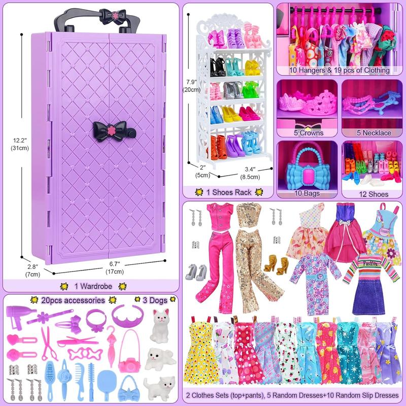 Christmas gift 86 Pcs Doll Accessories with Doll Closet Wardrobe for 11.5 Inch Doll Dress Up Set Wardrobe Handbags Dress Shoes Hangers Necklace Pet