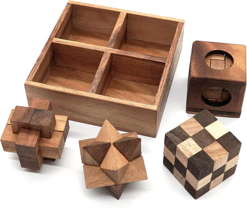 Wooden Puzzle Box Set (4 Games) - Challenging Brain Teasers 3D Puzzles for Adults, Interlocking Games for IQ Test. Ideal for Rustic Patio Decor, Unique Gift for Christmas and Birthdays