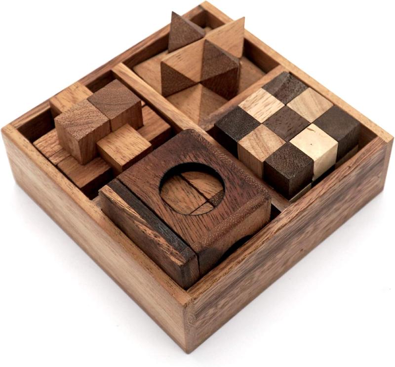 Wooden Puzzle Box Set (4 Games) - Challenging Brain Teasers 3D Puzzles for Adults, Interlocking Games for IQ Test. Ideal for Rustic Patio Decor, Unique Gift for Christmas and Birthdays