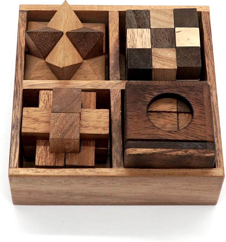 Wooden Puzzle Box Set (4 Games) - Challenging Brain Teasers 3D Puzzles for Adults, Interlocking Games for IQ Test. Ideal for Rustic Patio Decor, Unique Gift for Christmas and Birthdays