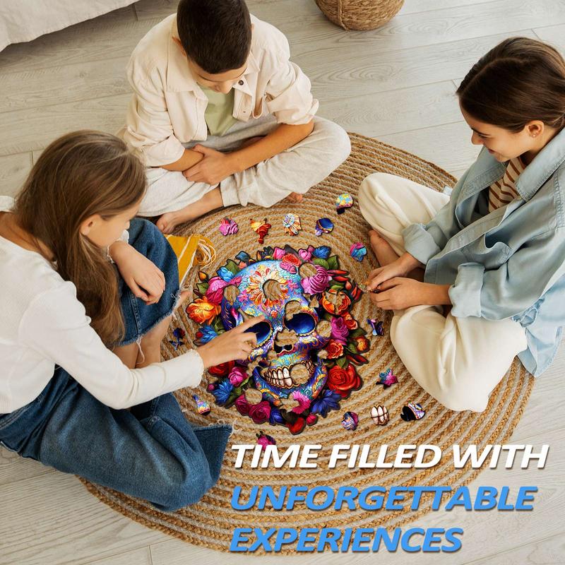 Flowers and Skulls Wooden Jigsaw Puzzle - Perfect for Family Fun and Games