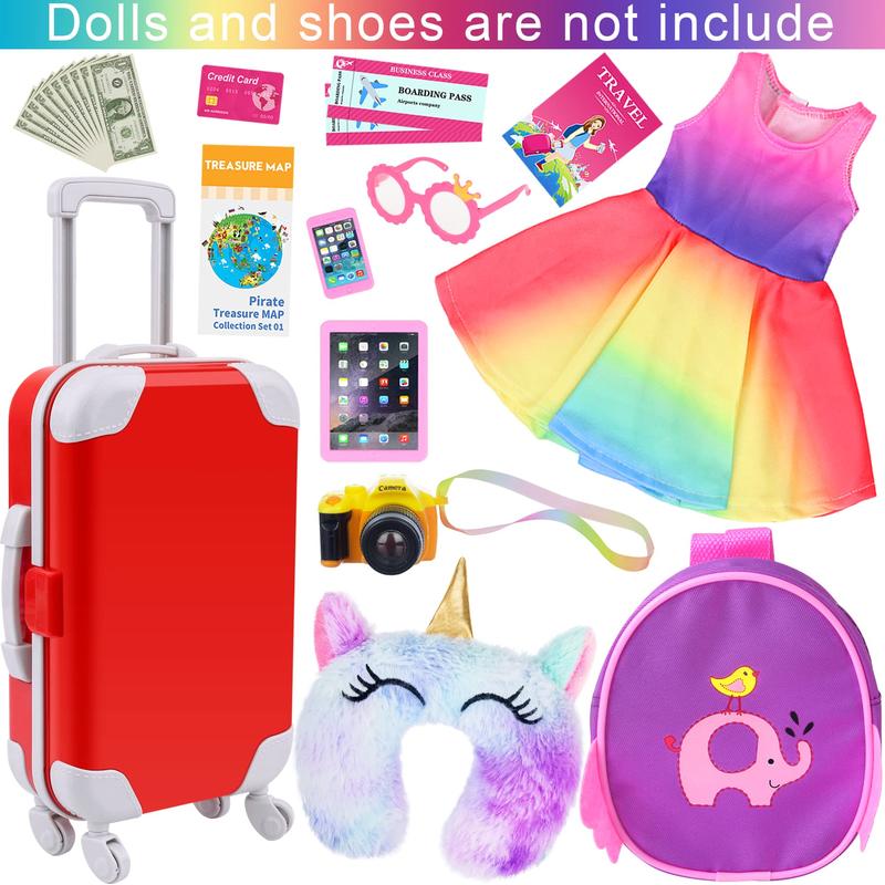 23 PCS 18 Inch Girl Doll Accessories Suitcase Travel Set Including Clothes Suitcase Backpack Camera Pad Cell Phone Neck Pillow Pink Glasses and Other Travel Set（No Doll）