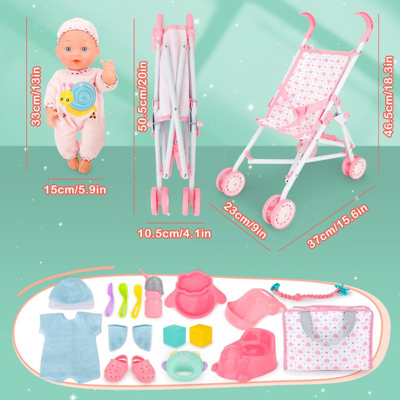 deAO Doll Stroller Set with 13 inch Doll,Play Stroller Toys,13