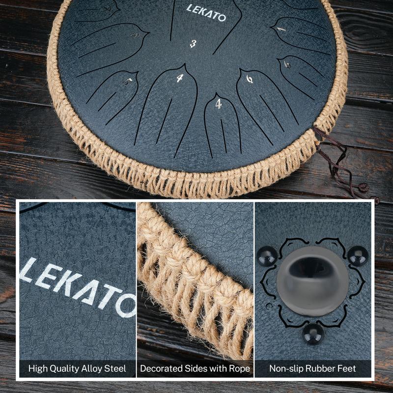 LEKATO Steel Tongue Drum 14 Inch 15 Notes Steel Drum C Key Beginner Professional Handpan Drum Percussion for Meditation Yoga Musical Education, Best Gift for Familes Friends