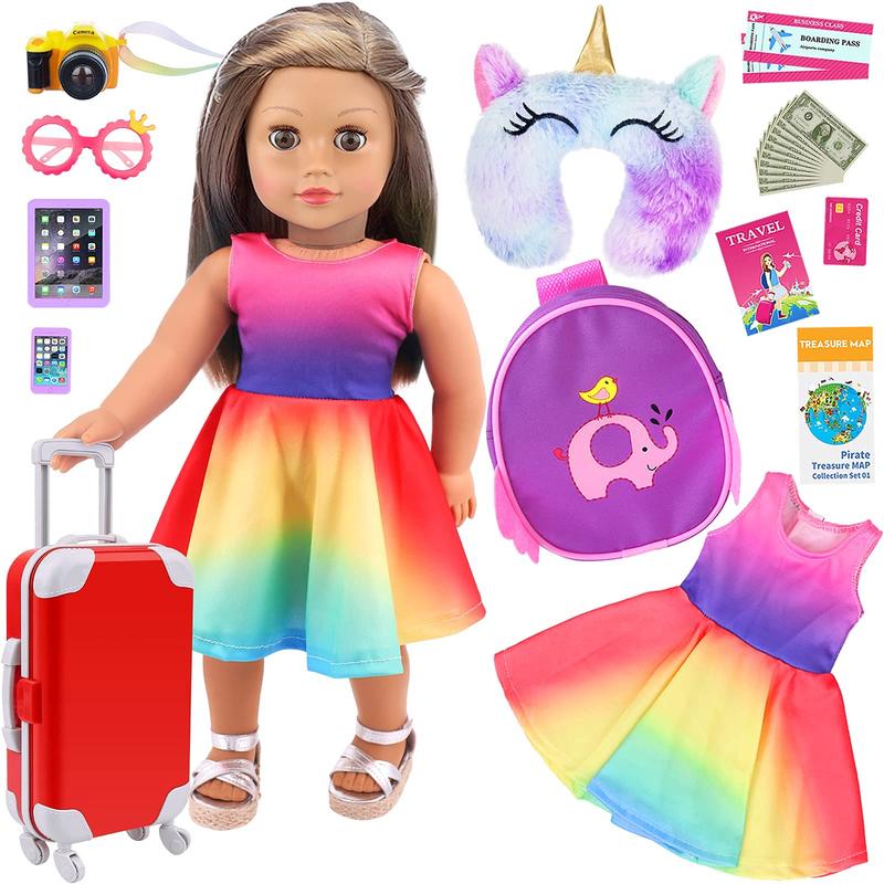 23 PCS 18 Inch Girl Doll Accessories Suitcase Travel Set Including Clothes Suitcase Backpack Camera Pad Cell Phone Neck Pillow Pink Glasses and Other Travel Set（No Doll）