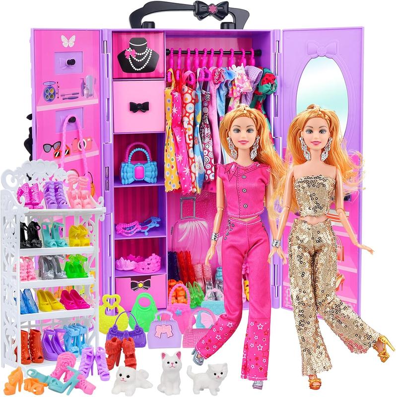 Christmas gift 86 Pcs Doll Accessories with Doll Closet Wardrobe for 11.5 Inch Doll Dress Up Set Wardrobe Handbags Dress Shoes Hangers Necklace Pet