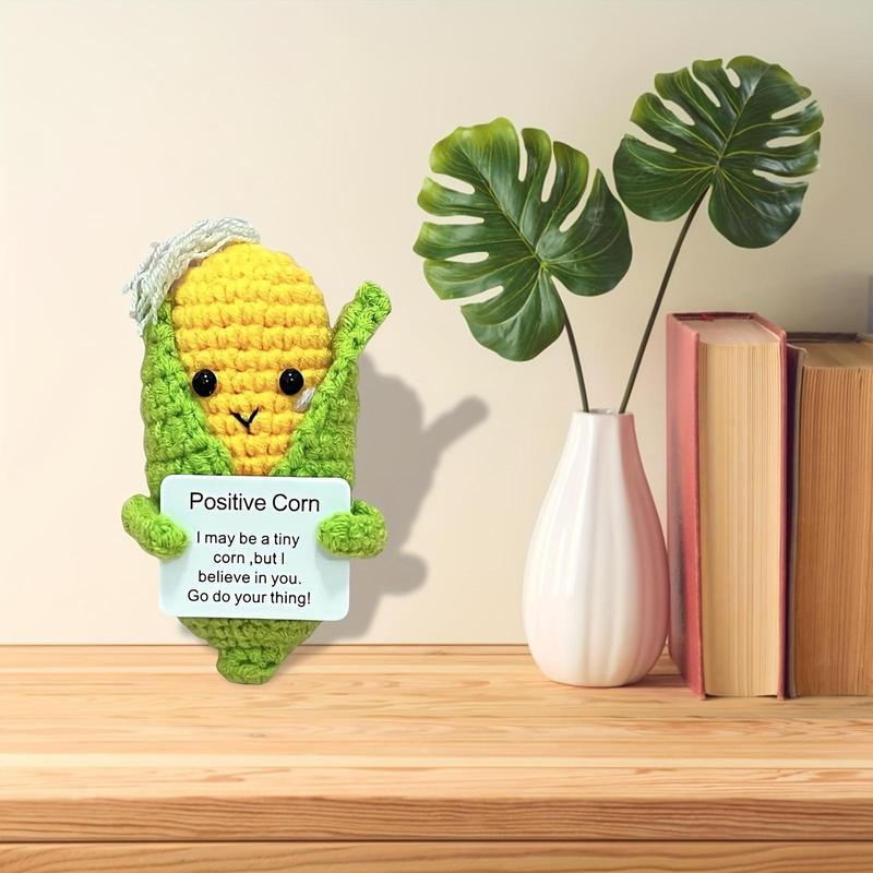 Cute Cartoon Corn & Pickle Design Crochet Doll, 2 Counts Handmade Emotional Relief Knitting Doll with Positive Card, Home Decor for School Office Dormitory