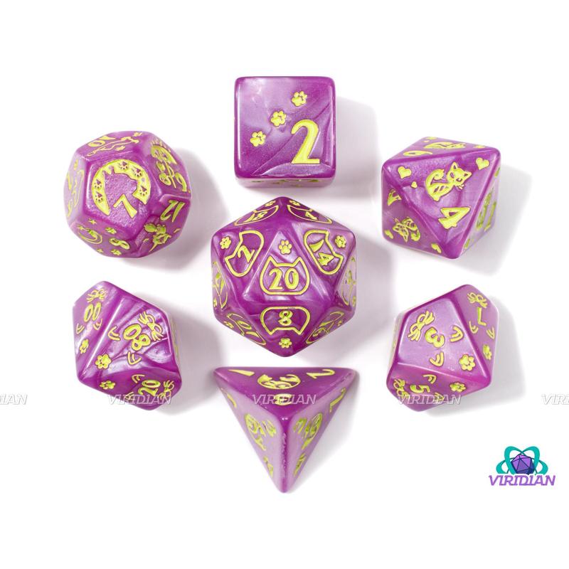 Purple Kitty | Pearled Light Purple, Lime Green, Cat Themed | Acrylic Dice Set (7)