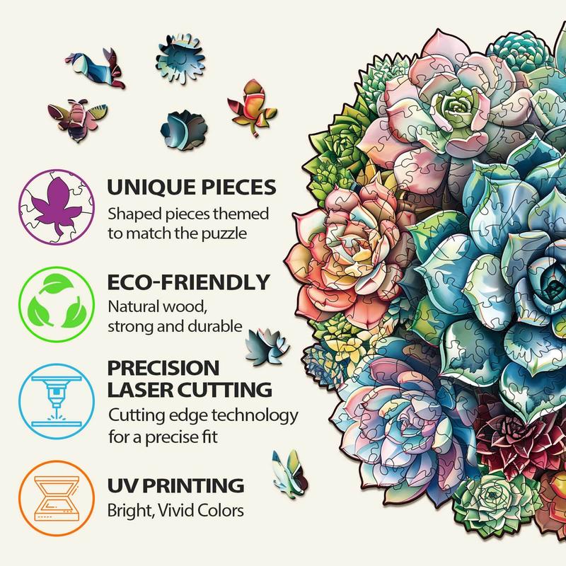 Elegant Succulent Wooden Jigsaw Puzzle for Adults and Kids