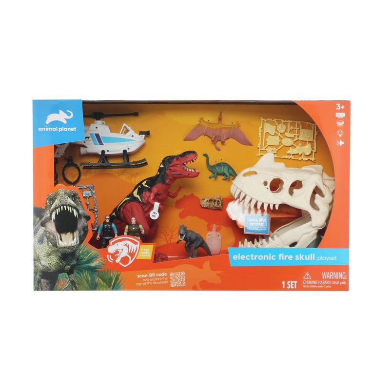 Animal Planet Electronic Fire Skull Playset 26 Pieces 4 Dinosaurs Helicopter