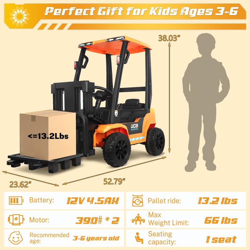 CoCLUB 12V Powered Ride on Car Toy for Kids, JCB kids Ride on Forklift Toy with Lifting Pallet, Remote Control, Removable Car Roof, Joystick, 4 Wheels Electric Construction Car for Boy and Girl