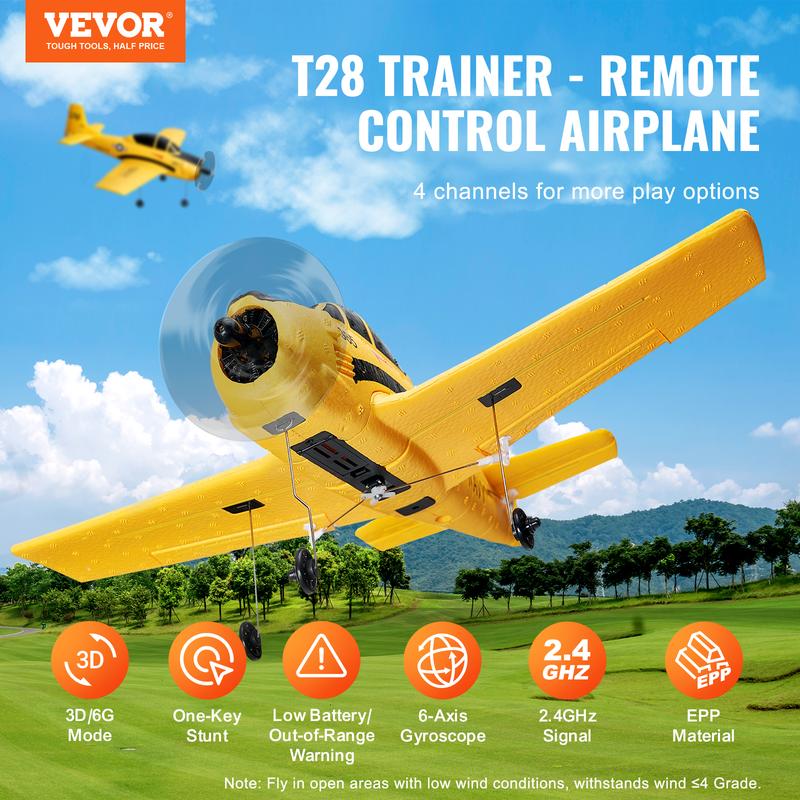 VEVOR RC Plane, 2.4GHZ 4 Channel Remote Control Airplane with 6-Axis Gyro Stabilizer, Ready to Fly Trainer Aircraft Plane Toy with 2 Batteries, Easy to Fly RC Glider for Adults Kids Beginners Boys