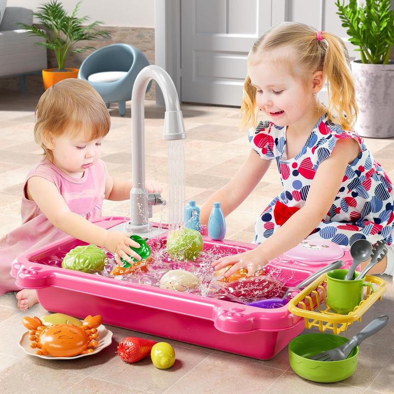 Play Sink with Running Water, Kitchen Sink Toys with Electric Faucet, Play Kitchen Accessories, Kids Role Play Dishwasher Toy for Ages 3 4 5 6 Year Old Toddlers Kids Boys Girls (Blue)