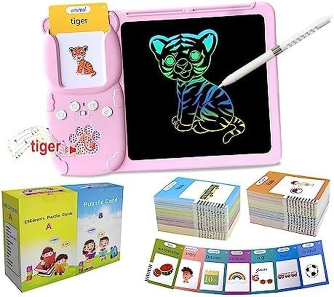 Spanish+English Bilingual Toddler Toy Drawing Tablet with Talking Flash Cards, Drop Resistant LCD Writing Tablet, Visual Speech Flash Card Toy