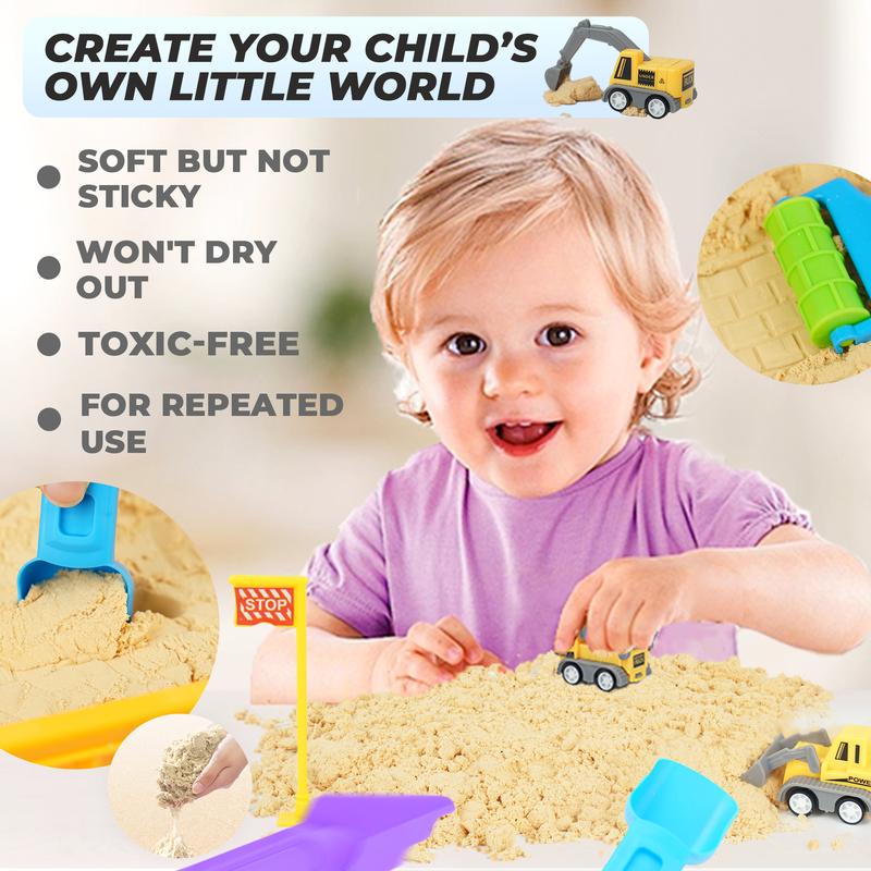 Construction Sand Play Set - Sensory Bin with 3.3lbs Magic Sand, 3 Construction Vehicles, 4 Worker Figures and 12 Road Signs, Sand Box Toys age 4+