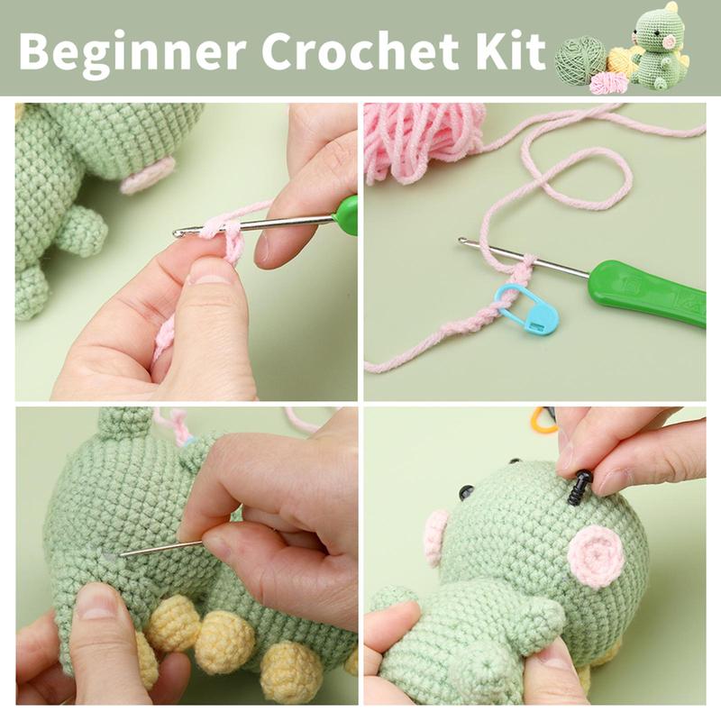 Dinosaur Shaped Crochet Starter Kit, Crochet Initiation Kit with Step-by-step Video, DIY Craft Art Kit for Beginners