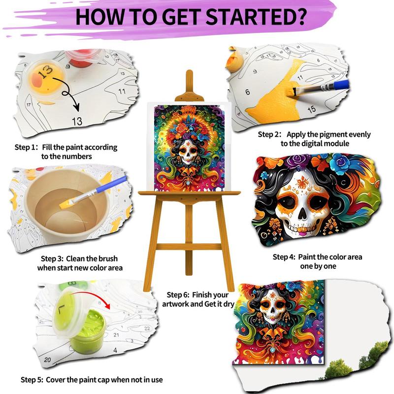 Day Of The Dead Skull Pattern DIY Painting By Numbers Kit, 1 Set DIY Paint By Numbers Kit with Tools, Wall Art Decoration for Home Living Room Bedroom