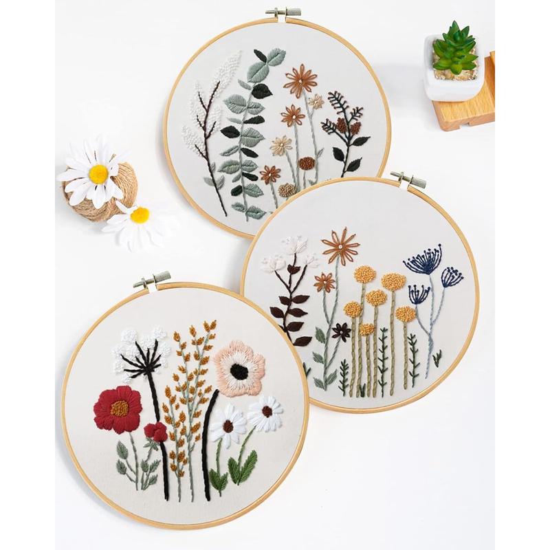 Santune 3 Sets Embroidery Kit,Cross Stitch Kits for Beginners,Needlepoint Kits for Adults with Easy Stamped Floral Pattern Fabric Hand Crafts,Hoop,Needle,Women DIY Hanging Plants,Sewing Hobby