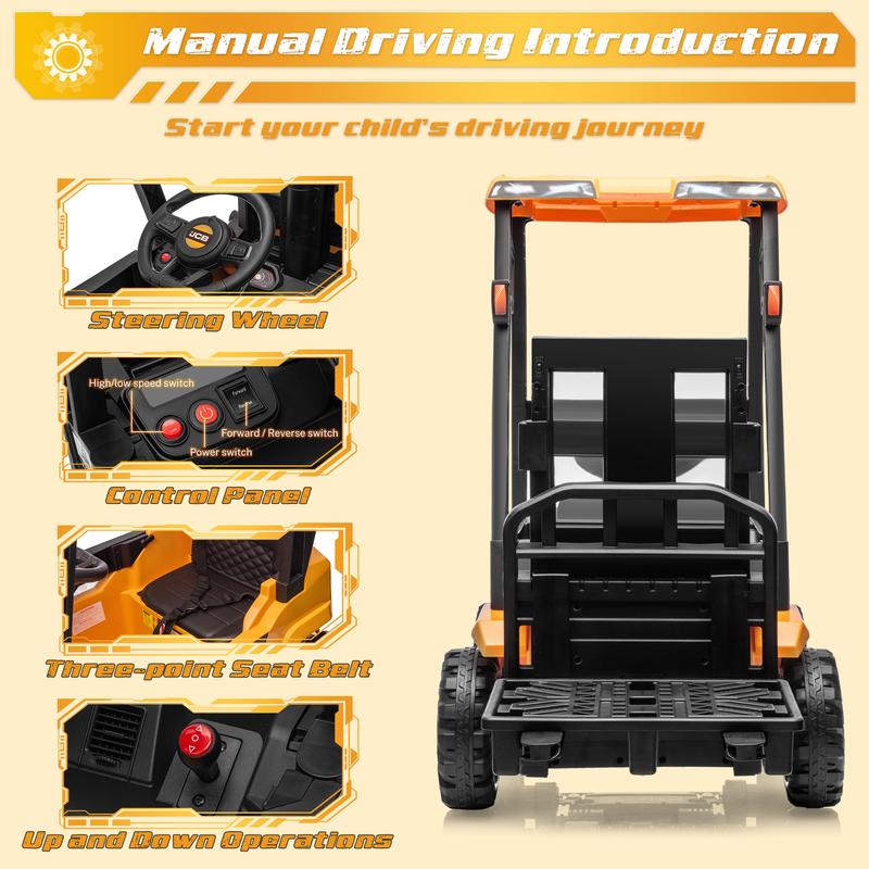 CoCLUB 12V Powered Ride on Car Toy for Kids, JCB kids Ride on Forklift Toy with Lifting Pallet, Remote Control, Removable Car Roof, Joystick, 4 Wheels Electric Construction Car for Boy and Girl