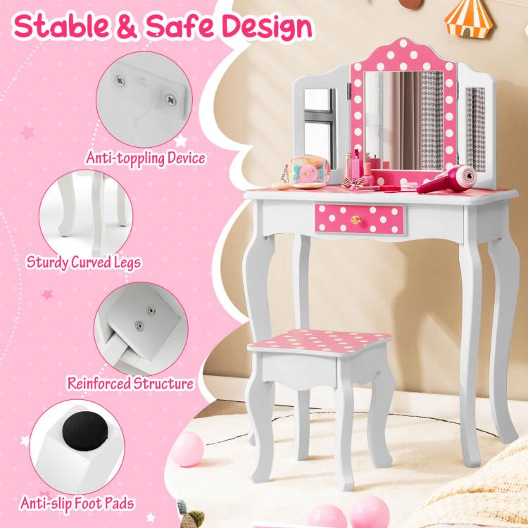 Costway- Vanity Table and Stool Set with Cute Polka Dot Print,Wooden Princess Makeup Dressing Table, Pretend Play Vanity Set for Girls