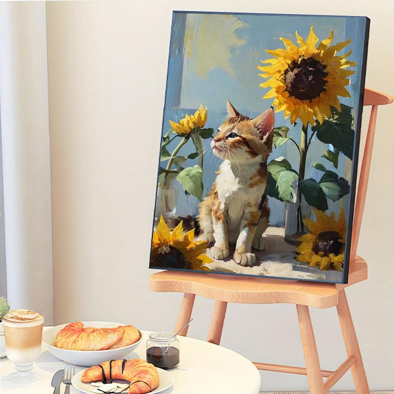 Sunflower & Cat Pattern DIY Painting By Numbers Kit Without Frame, 1 Set DIY Paint By Numbers Kit, Wall Art Decoration for Home Living Room Bedroom