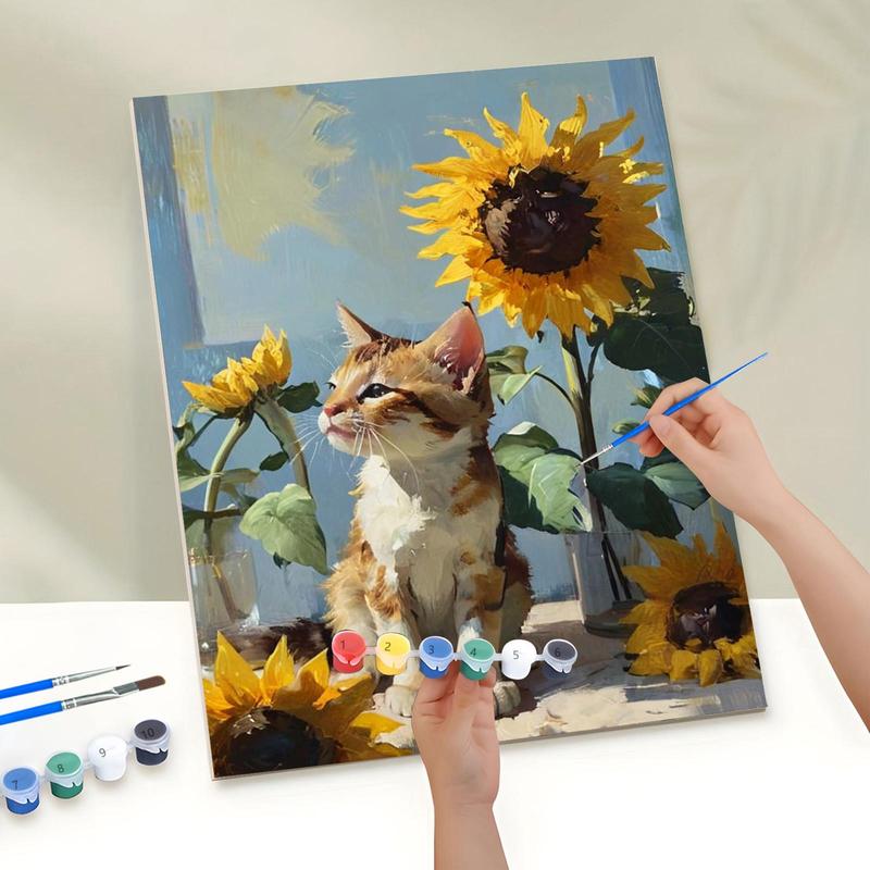 Sunflower & Cat Pattern DIY Painting By Numbers Kit Without Frame, 1 Set DIY Paint By Numbers Kit, Wall Art Decoration for Home Living Room Bedroom