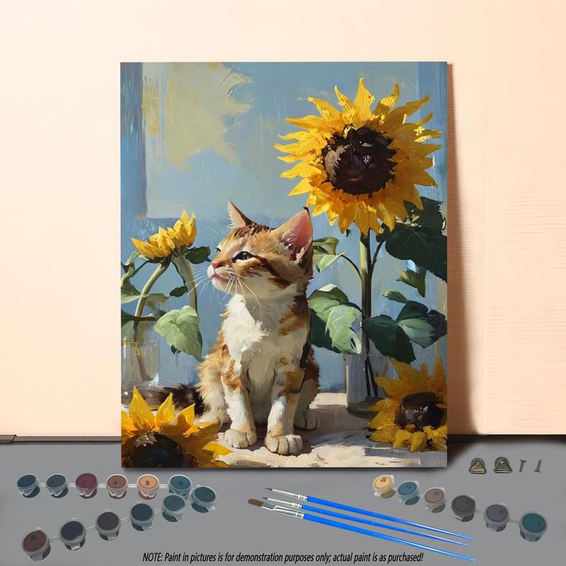 Sunflower & Cat Pattern DIY Painting By Numbers Kit Without Frame, 1 Set DIY Paint By Numbers Kit, Wall Art Decoration for Home Living Room Bedroom