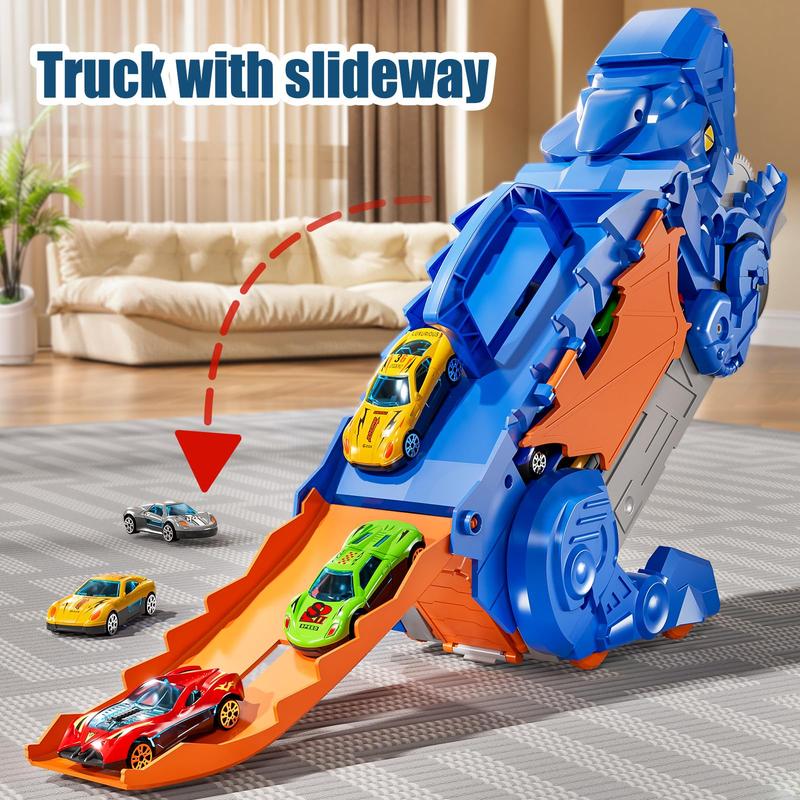 Christmas GiftTransformed Dinosaur Truck Toy with 10 Diecast Racing Cars, Dino Transport Car with Wings and Handle , Birthday Gift for