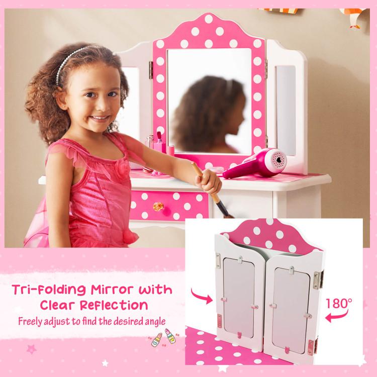 Costway- Vanity Table and Stool Set with Cute Polka Dot Print,Wooden Princess Makeup Dressing Table, Pretend Play Vanity Set for Girls