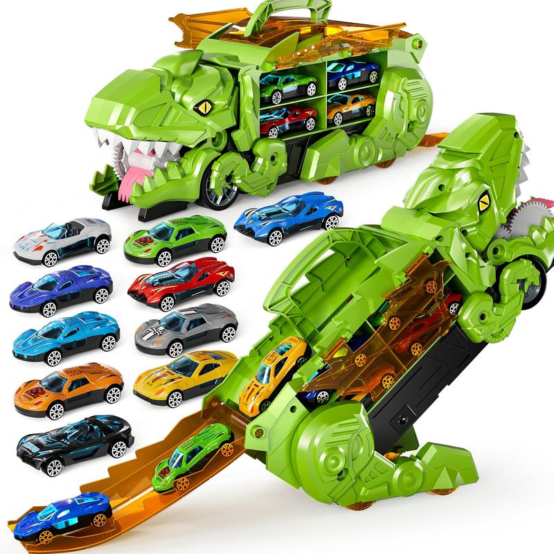 Christmas GiftTransformed Dinosaur Truck Toy with 10 Diecast Racing Cars, Dino Transport Car with Wings and Handle , Birthday Gift for