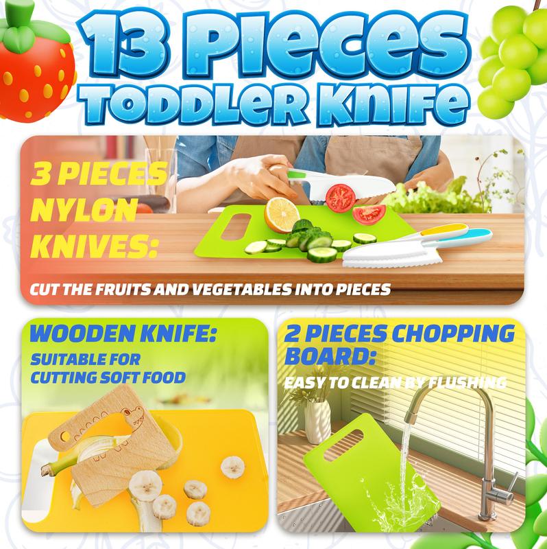 Child's Knife Set for Real Cooking - 19 Pieces Child's Cooking Set Real Montessori Kitchen Tools - Child's Safe Knife with Wooden Knife Safe Serrated Edges Plastic Knife,Cutting Board,Crinkler Block Knife Block Birthday Chopping Shaped