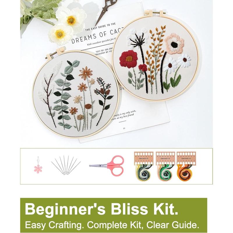 Santune 3 Sets Embroidery Kit,Cross Stitch Kits for Beginners,Needlepoint Kits for Adults with Easy Stamped Floral Pattern Fabric Hand Crafts,Hoop,Needle,Women DIY Hanging Plants,Sewing Hobby