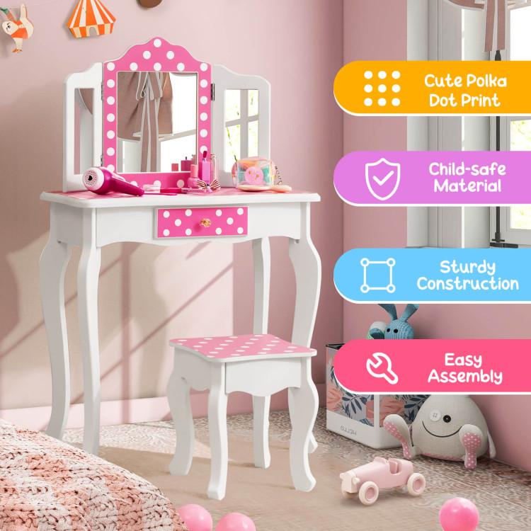 Costway- Vanity Table and Stool Set with Cute Polka Dot Print,Wooden Princess Makeup Dressing Table, Pretend Play Vanity Set for Girls